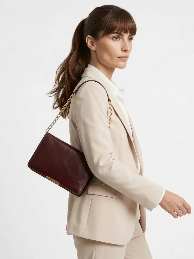 Model in cream blazer carrying a burgundy shoulder bag