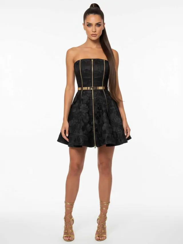 Black structured mini dress with gold zip detail