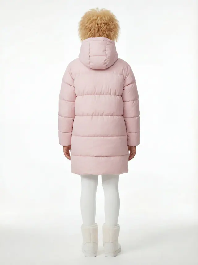 Pink puffer coat, back view with hood