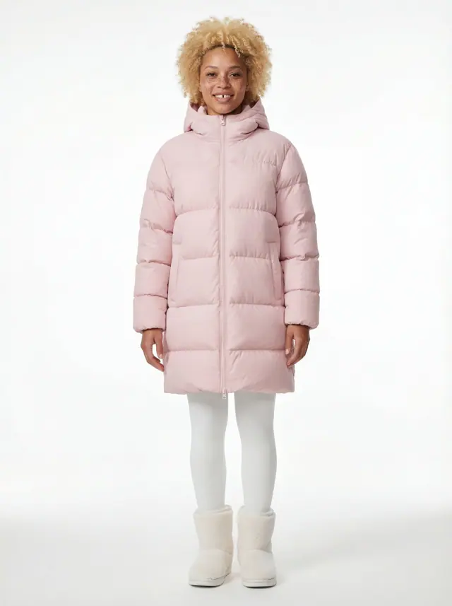 Pink puffer coat, full-length view on model
