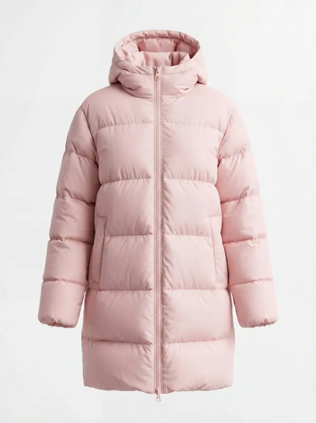Pink puffer coat, flat lay detail shot