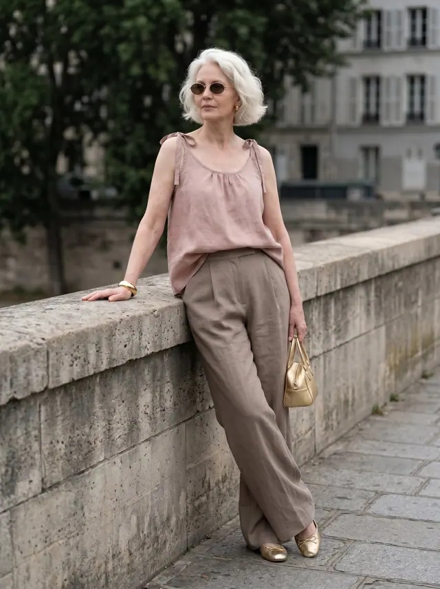 AI-generated woman leaning on a stone wall in blush linen and taupe trousers