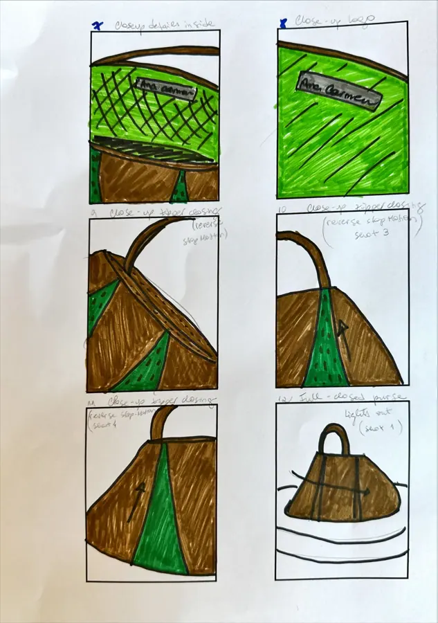 Hand-drawn storyboard page, six frames showing bag interior and details