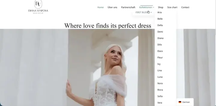 Screenshot of the Diana ViSposa bridal website